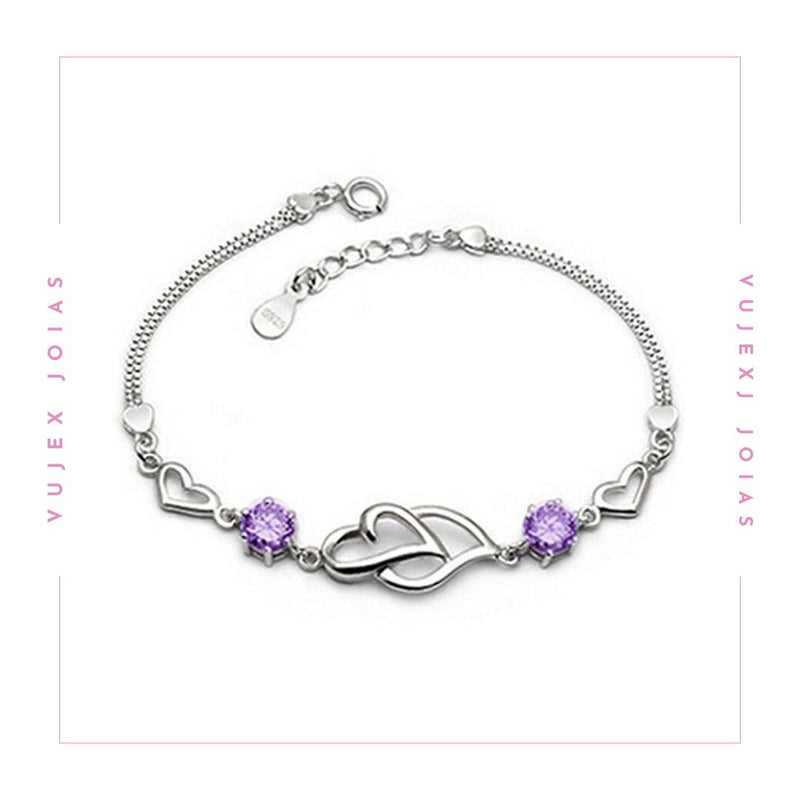 Pulseira Coração Lilás em Prata 925 Esterlina