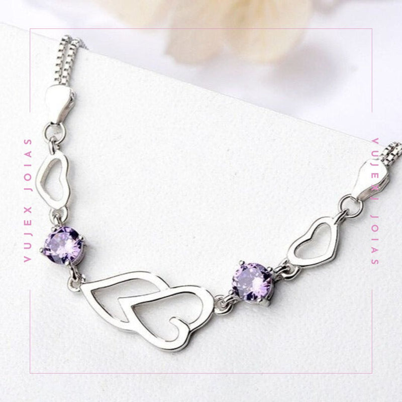 Pulseira Coração Lilás em Prata 925 Esterlina