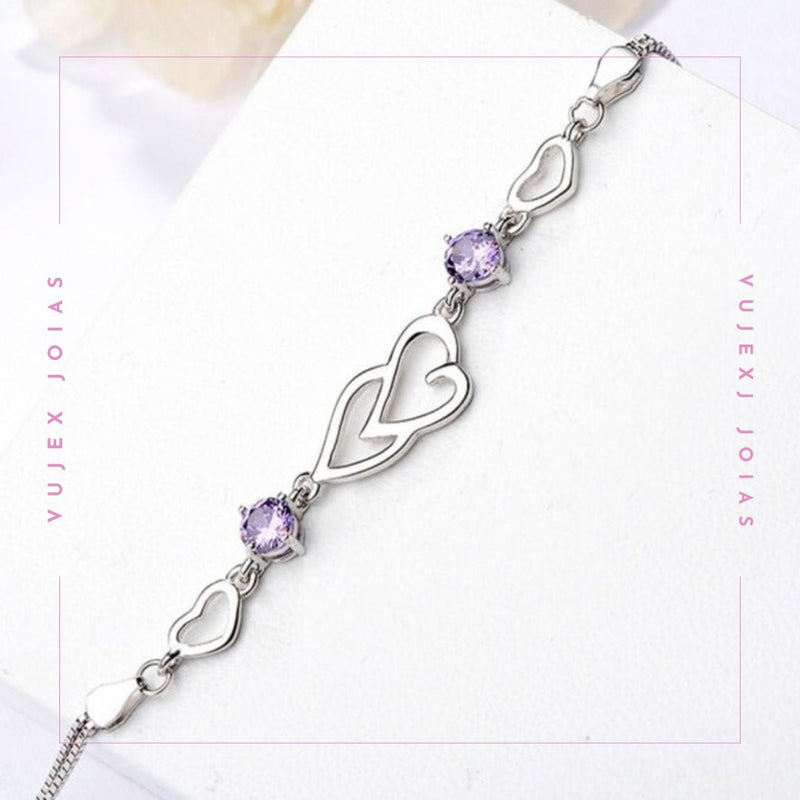 Pulseira Coração Lilás em Prata 925 Esterlina